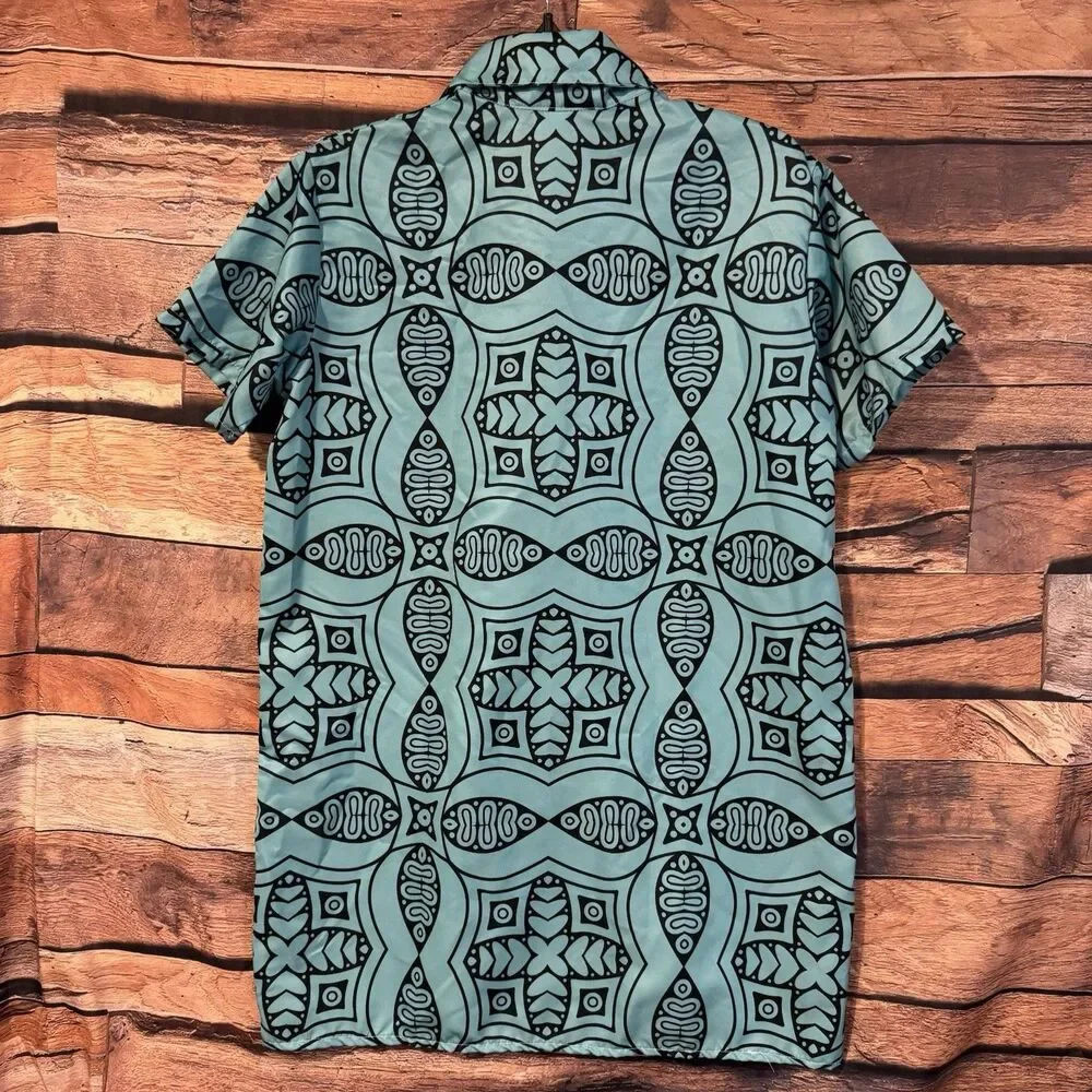 Geometric Aztec Tribal Print Shirt Mens L Turquoise Teal Polyester Festival Ibiz